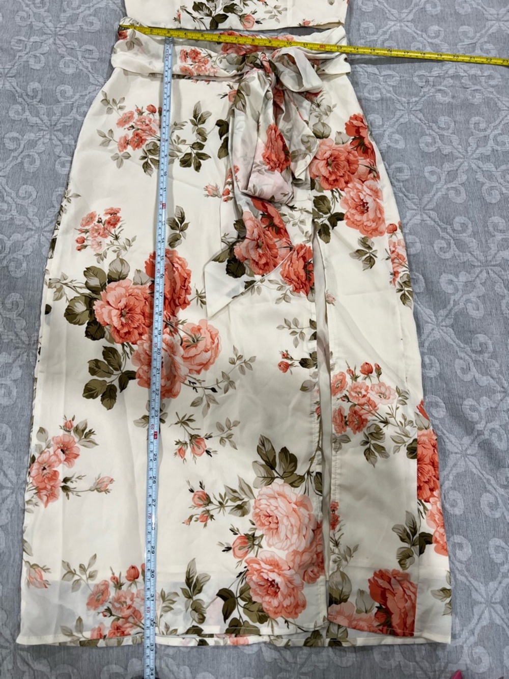 SHEIN Cream Midi Dress with Coral Floral Print and Waist Tie- 2 Piece Set - Picture 6 of 7